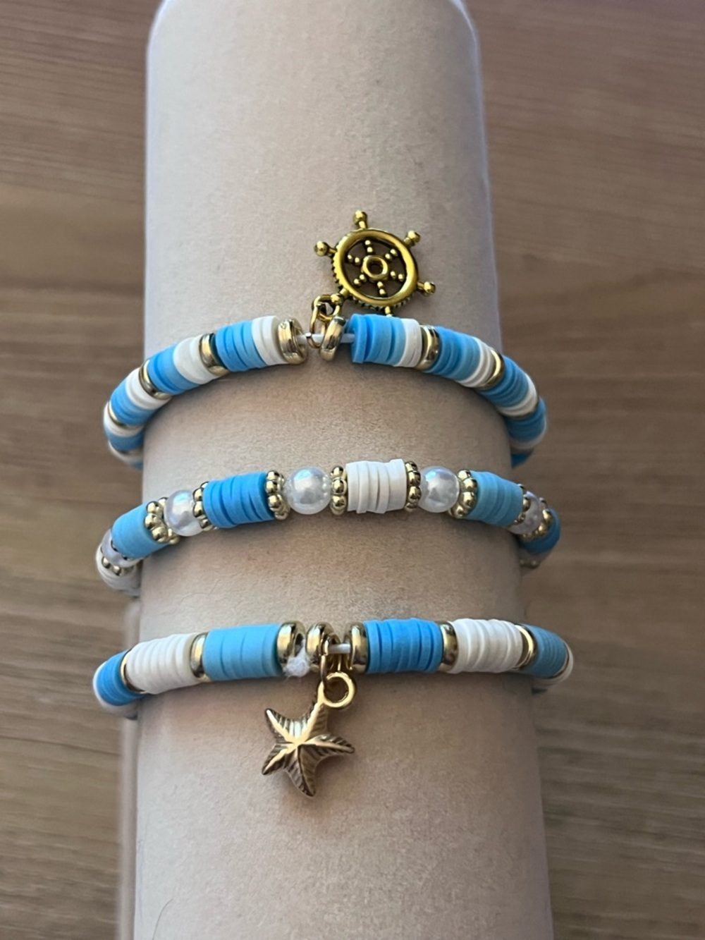 3 Piece Blue White Beaded Stretch Bracelet Set Starfish Ship Wheel Charm